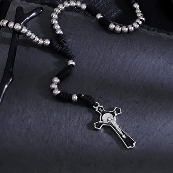 KOMI Black Rope Braided Stainless Steel Beads Rosary Necklace with Black Enamel Crucifix Cross Pendant Necklace Car Accessories