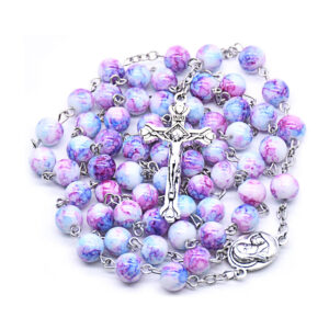 2024 Komi Wholesales Purple Glass Beads Jewelry Handmade Necklace Cross Pendant Rosary Necklace