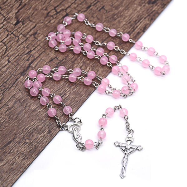 Komi High Quality 8 mm Glass Pink Beads Necklace Religious Gift Orthodox Catholic Crucifix Rosary Necklace