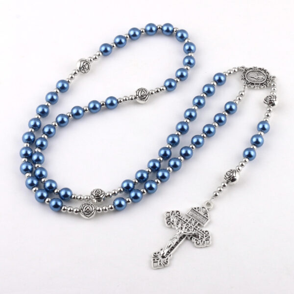 KOMI Women 8mm Purple Pink Pearl Glass Rosary Beads Imitation Pearl Beads Silver Rose Beaded Rosary Cross Pendant Necklaces Gift