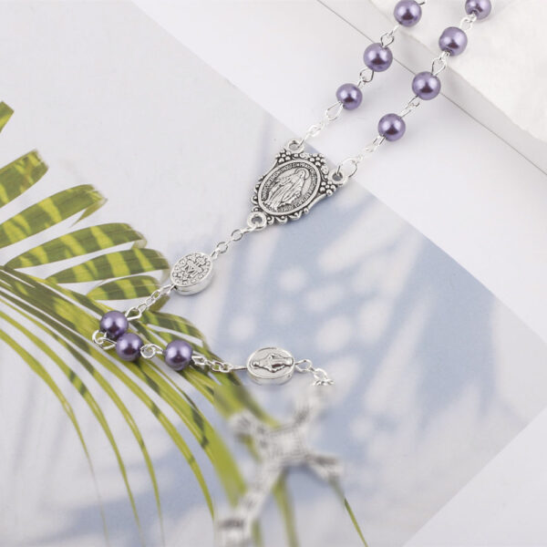 KOMI Pink Purple Blue 6mm Glass Imitation Pearl Rosary Beads with Crucifix Cross Pendant Necklaces for Women Religious Gifts