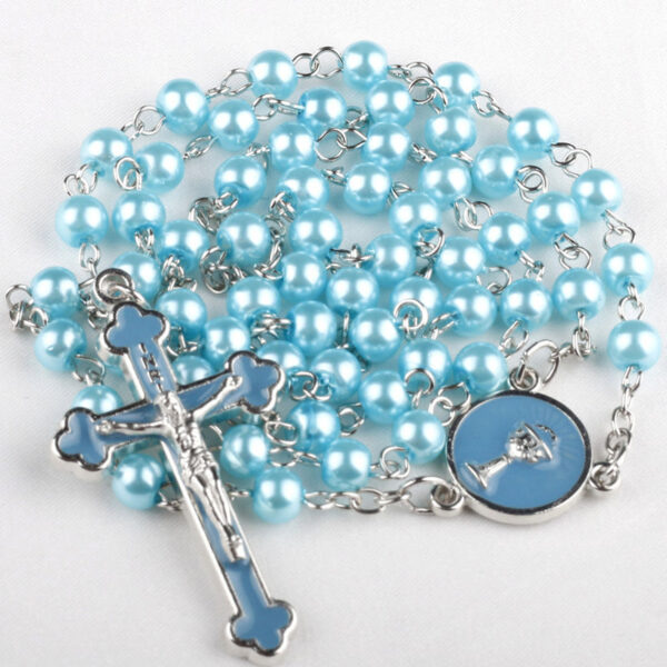 KOMI Imitation Pearls Rosary Beads Necklace for Women Lake Blue Royal Pink Pearl Beaded Necklace Enamel Cross Pendant Necklaces