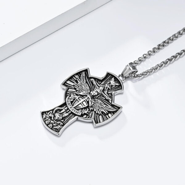 KOMI Mens Cross Necklace Vintage Stainless Steel Saint Michael Archangel Sword Cross Pendant Necklace for Men Box Chain