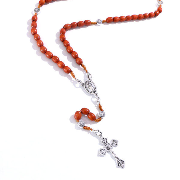 2024 KOMi Christ Wooden Beads Rosary Bead Cross Pendant Woven Rope Chain Necklace Religious Jewelry Accessories