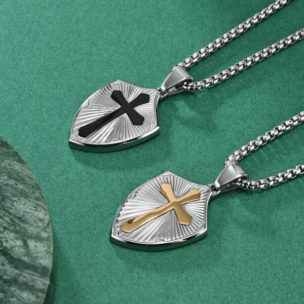 e918209a1ddb3d3c59ad3eca8518cebf_H229d9f18e3ca41c7ababfcc5cc66a6fat_avif=close&webp=close KOMI Mens Cross Necklace Silver Stainless Steel Shield Armor with Black Gold Cross Pendant Necklace for Men Box Chain 24 Inch