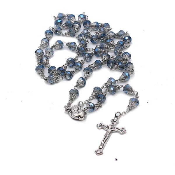 2023 Komi Catholic Metal Virgin Mary Centerpiece Crucifix Cross Glass Crystal Beads Prayer Rosary Necklace