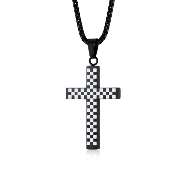 KOMI Cross Necklace for Men Black and White Checkerboard Gold Black Plated Stainless Steel Cross Pendant Necklace 24Inches Chain