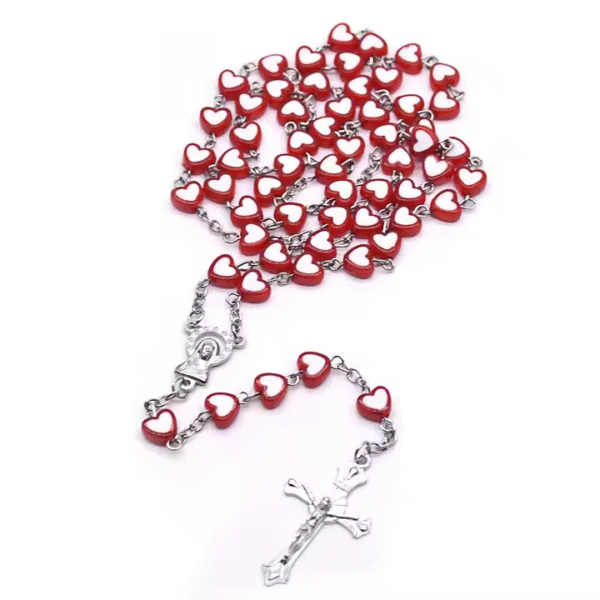 2024 Komi Wholesales Christian Plastic Red Heart Shaped Beads Jesus Cross Pendant Prayer Rosary Necklace