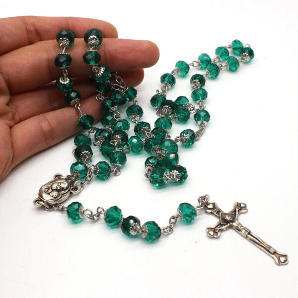 2024 Komi Religious Green Crystals Beads Rosary Prayer Jesus Cross Crucifix Pendant Jewelry Necklaces