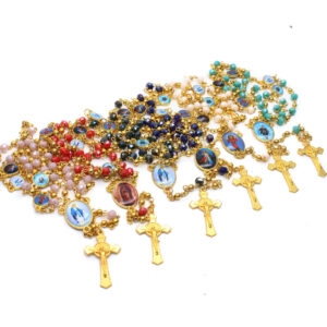 Rosary Gold Alloy Beads + Glass Crystal Rosary Beads Saint Mary Center Medal Jesus Cross Necklace Chain Religious Jewelry