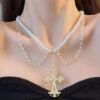 KOMI Vintage Gold Plated Rhinestone Cross Pendant Necklaces Layered Pearl Beaded Chain Crystal Fringe Necklace for Women Girls