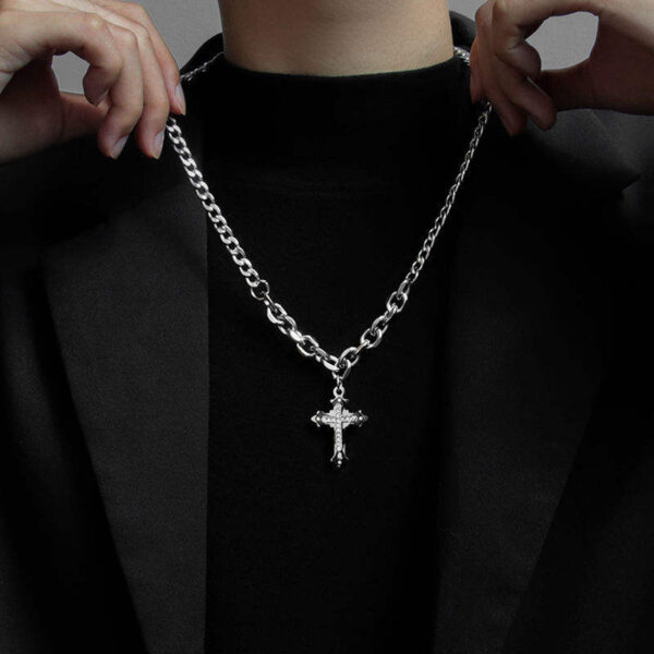 KOMI Men Cross Pendant Necklace with Chunky Chain Punk Jewelry Stainless Steel Rhinestone Crystal Layered Cross Necklace for Men