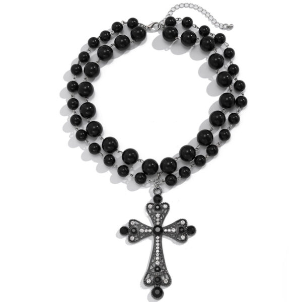 KOMI Womens Punk Cross Necklace Exaggerated Large Crystal Cross Pendant Necklace for Women Layered Black Pearl Chain Necklaces
