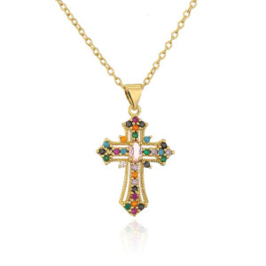 High Quality Diamond Christian Religion Jewelry Gold Plated Stainless Steel Chain Cross Pendant Necklace