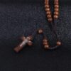 New Hand-woven Rope Wooden Beads Jesus Cross Pendant Necklace Multicolor Rosary Necklace