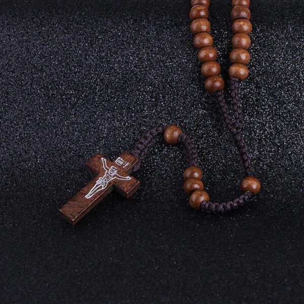New Hand-woven Rope Wooden Beads Jesus Cross Pendant Necklace Multicolor Rosary Necklace
