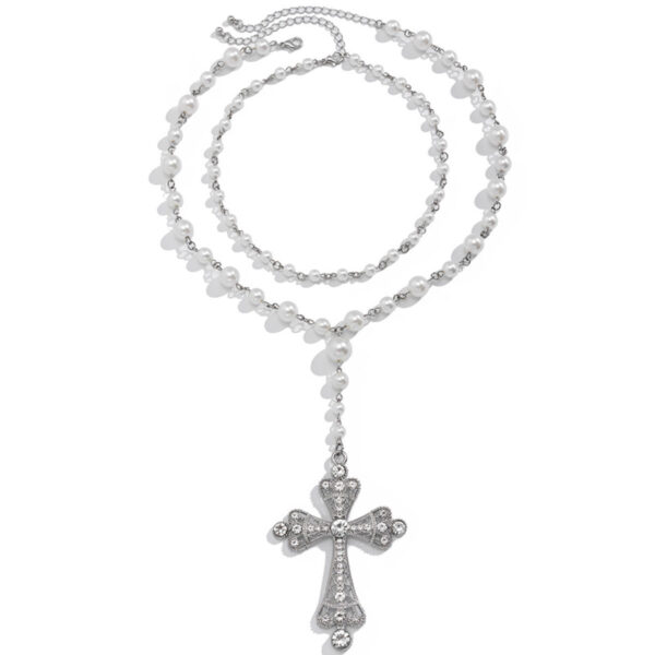 KOMI Womens Crystal Cross Necklace Double Layered Pearl Chain Silver Large Rhinestone Cross Pendant Necklace for Women Girls