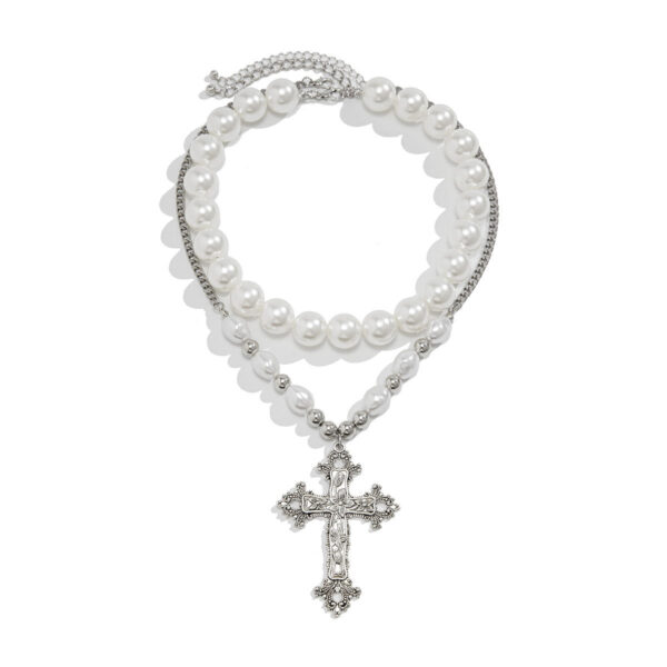 f21688b64ec872a160aa55708edf2326_Hda0d2dc816344bd19403b3f3ef407d965_avif=close&webp=close KOMI Dainty Bridal Wedding Pearl Necklace Cross Necklace for Women Layered Pearl Chain Silver Cross Pendant Necklace for Girls