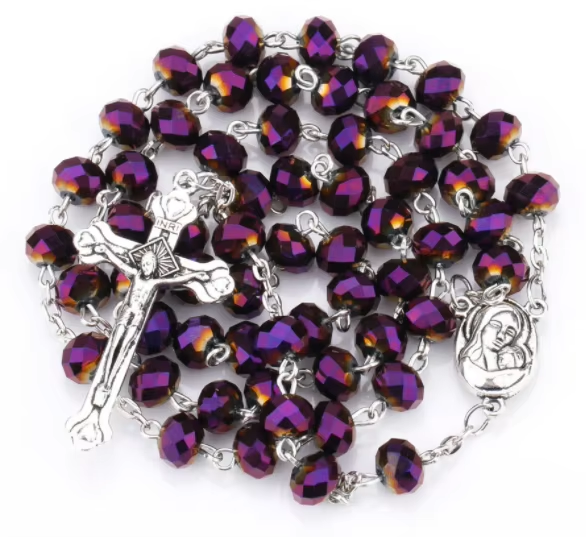 Hot Sell Rosary 8*6mm Glass Cut Face Crystal Jesus Cross Christ Maria Stock Rosary Necklace
