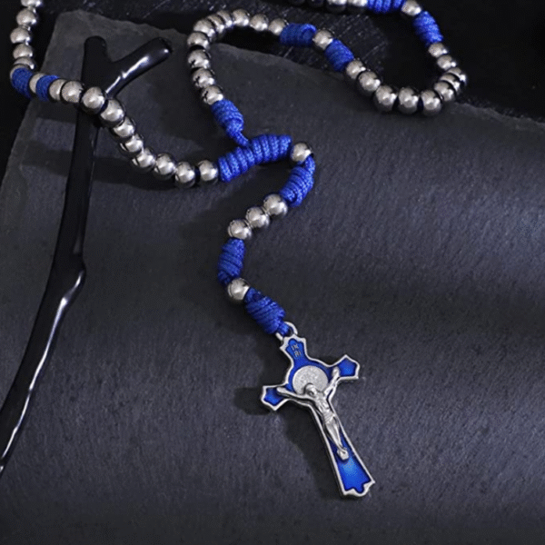 KOMI Handmade Stainless Steel Rosary Beads Necklace Braided by Durable Paracord Religious Catholic Beaded Rosary with Cross