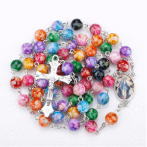 2024 Hot Sell Rosary Glass Color Beads Jesus Cross Christ Maria Stock Necklace for Pray