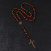 KOMi Christ Wooden Beads 9*10mm Rosary Bead Cross Pendant Woven Rope Chain Necklace Religious Jewelry Accessories R-192