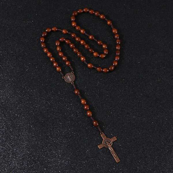 KOMi Christ Wooden Beads 9*10mm Rosary Bead Cross Pendant Woven Rope Chain Necklace Religious Jewelry Accessories R-192