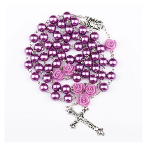 KOMI Multicolor 6mm Imitation Pearl Rose Flowers Catholic Jesus Cross Our Lady of Lourdes Virgin Mary Religious Rosary Necklace