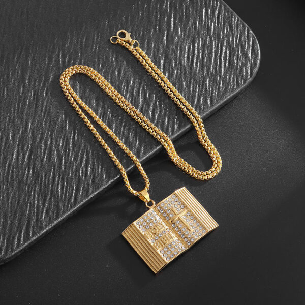 KOMI Religious Holy Bible Book Pendant Necklace for Women Gold Plated Stainless Steel Rhinestone Holy Bible Necklaces for Girls
