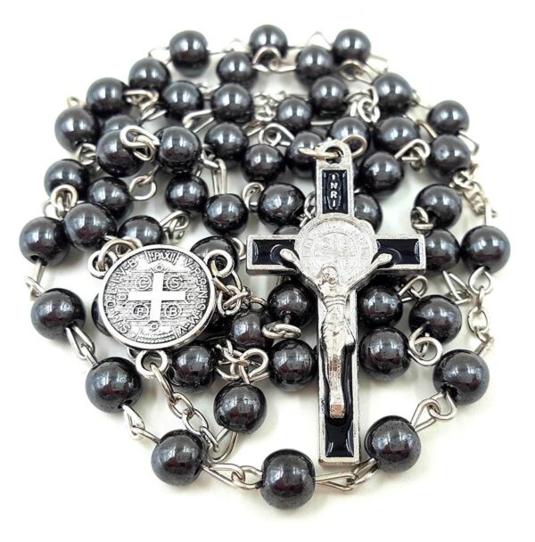 Komi Wholesales Religious Catholic Black Gallstone Hematite Beads Jesus Cross Pendant Rosary Beads Necklace