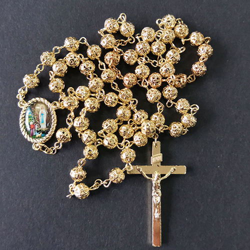 Hot Sell Rosary Necklaces Religious Rosary Jesuss Cross Maria Medal Necklace Hollowing Out Metal 6mm Beaded Necklaces