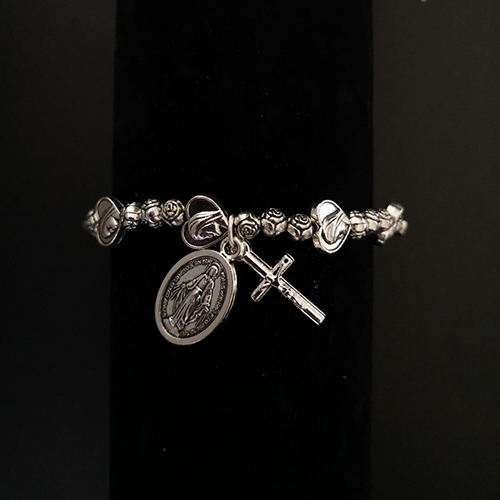 Handmade Rosary Bracelet Elasticated Metal Bracelet Round Rose Heart Shape Medal and Alloy Rose Beads Prayer Bracelets
