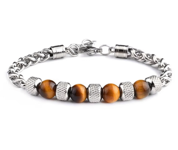 Komi Natural Tiger Eye Stone Bracelet Titanium Steel Adjustable Beaded String Bracelets Cuff Bangles for Men Birthday Gifts