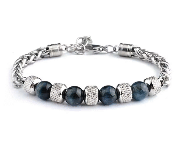 Komi Natural Tiger Eye Stone Bracelet Titanium Steel Adjustable Beaded String Bracelets Cuff Bangles for Men Birthday Gifts