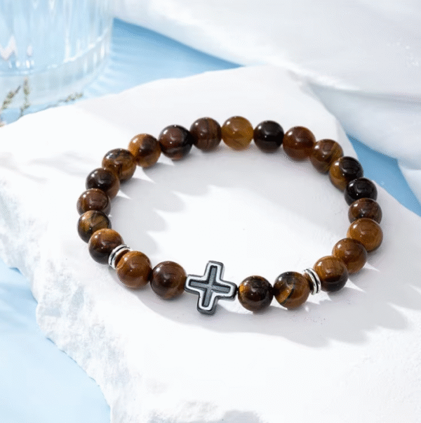 wechat_2025-08-05_170625_441 KOMI 8mm Natural Volcanic Lava Rock Tiger Eye Turquoise Gemstone Beaded Bracelets with Cross Elastic Stretch Bracelet for Unisex