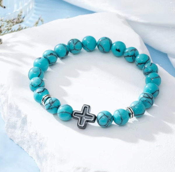 wechat_2025-08-05_170641_329 KOMI 8mm Natural Volcanic Lava Rock Tiger Eye Turquoise Gemstone Beaded Bracelets with Cross Elastic Stretch Bracelet for Unisex