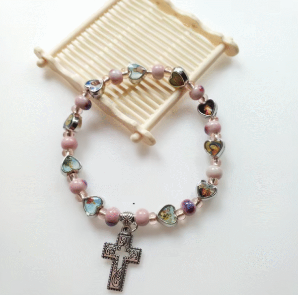 KOMI Hot Selling Multicolor Ceramic Hollow Cross Religious Mary Jesus Virgin Elastic Beading Bracelet