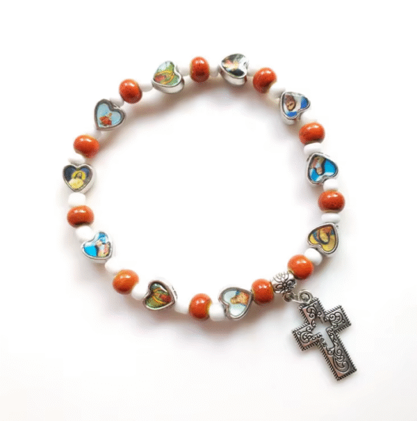 KOMI Hot Selling Multicolor Ceramic Hollow Cross Religious Mary Jesus Virgin Elastic Beading Bracelet