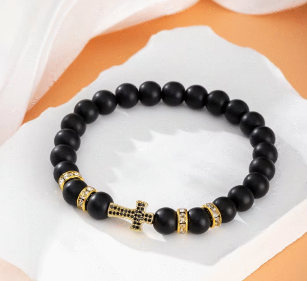 KOMI Fashion Hot Selling Natural Stone Beaded Bracelet Black Frosted Gemstone Zircon Cross Beads Wrist Bracelets for Men Women