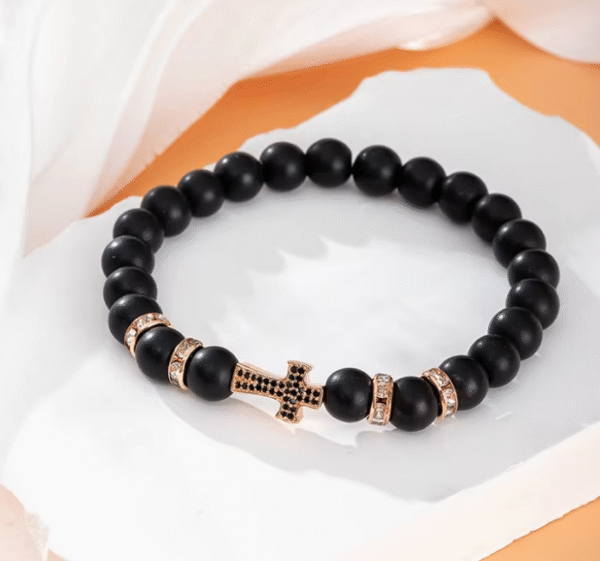 KOMI Fashion Hot Selling Natural Stone Beaded Bracelet Black Frosted Gemstone Zircon Cross Beads Wrist Bracelets for Men Women