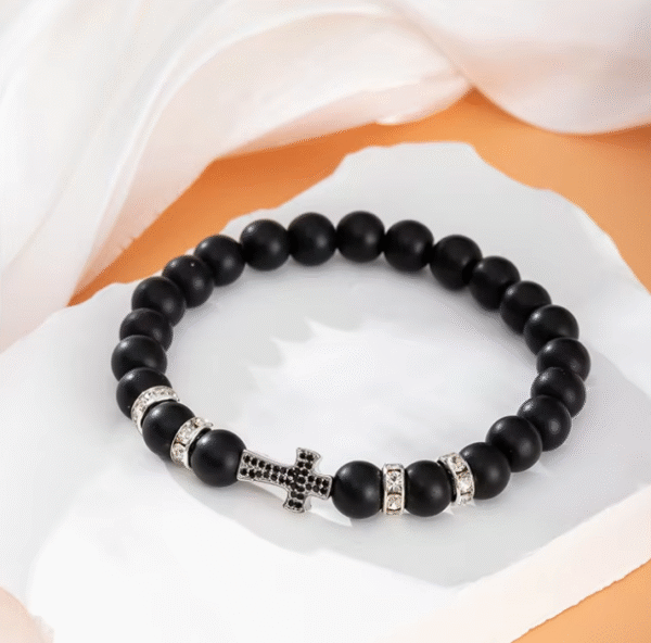 KOMI Fashion Hot Selling Natural Stone Beaded Bracelet Black Frosted Gemstone Zircon Cross Beads Wrist Bracelets for Men Women