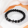 KOMI Fashion Hot Selling Natural Stone Beaded Bracelet Black Frosted Gemstone Zircon Cross Beads Wrist Bracelets for Men Women