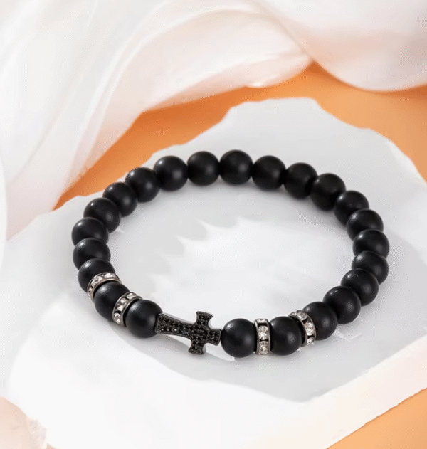 KOMI Fashion Hot Selling Natural Stone Beaded Bracelet Black Frosted Gemstone Zircon Cross Beads Wrist Bracelets for Men Women