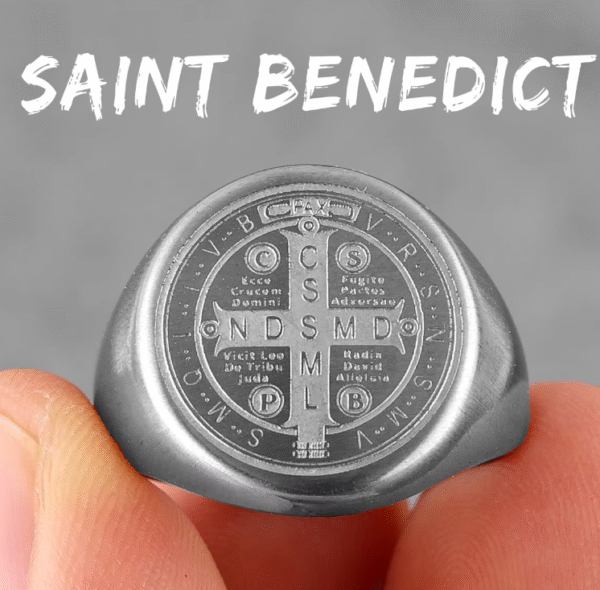 wechat_2025-08-26_104015_677 Komi Vintage Saint Benedict Cross Religious Titanium Steel Ring Round Broad Face Print Religious Ring