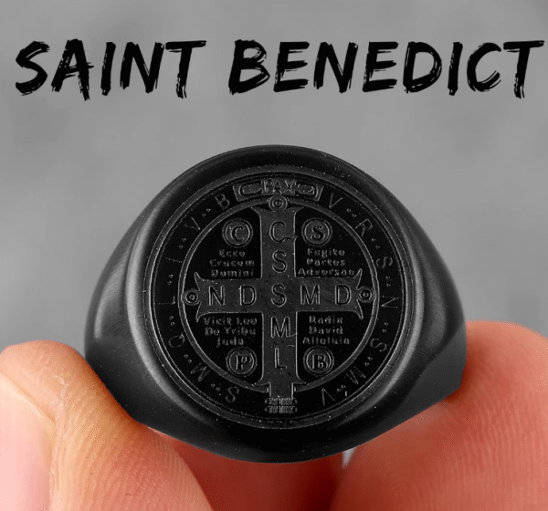 wechat_2025-08-26_104027_323 Komi Vintage Saint Benedict Cross Religious Titanium Steel Ring Round Broad Face Print Religious Ring