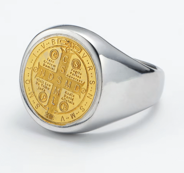 wechat_2025-08-26_104033_547 Komi Vintage Saint Benedict Cross Religious Titanium Steel Ring Round Broad Face Print Religious Ring