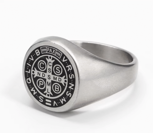 wechat_2025-08-26_104040_835 Komi Vintage Saint Benedict Cross Religious Titanium Steel Ring Round Broad Face Print Religious Ring
