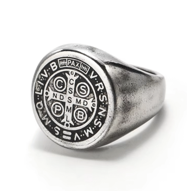 wechat_2025-08-26_104047_308 Komi Vintage Saint Benedict Cross Religious Titanium Steel Ring Round Broad Face Print Religious Ring
