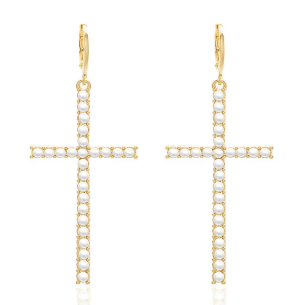 KOMI Black Silver Gold Rhinestone Pearl Cross Dangle Drop Earrings for Women Trendy Dainty Cross Hoop Earrings for Girls Gifts