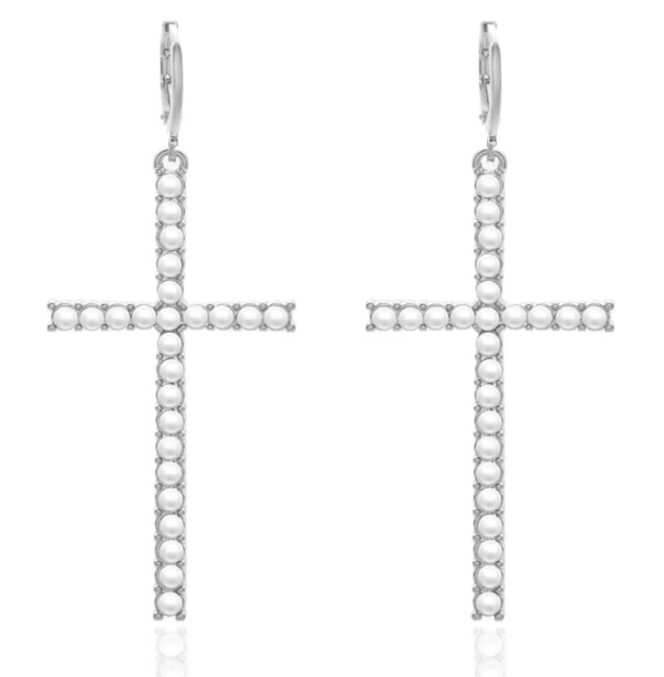 KOMI Black Silver Gold Rhinestone Pearl Cross Dangle Drop Earrings for Women Trendy Dainty Cross Hoop Earrings for Girls Gifts
